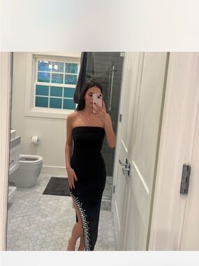 cinq a sept Black Strapless Midi Dress with Studded Side Slit